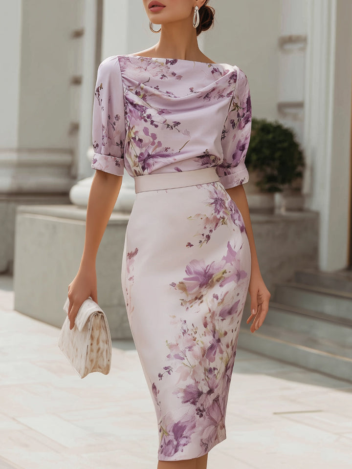 Floral Print Draped Neck Structured Pencil Midi Dress