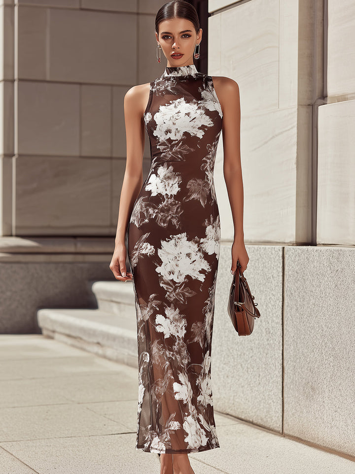 Elegant Brown White Ink Floral Print Mesh Sleeveless Maxi Dress