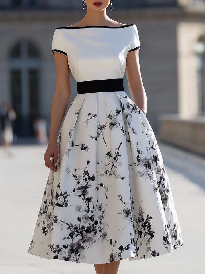 Elegant White Black Ink Floral Print Boat Neck Flared Midi Dress