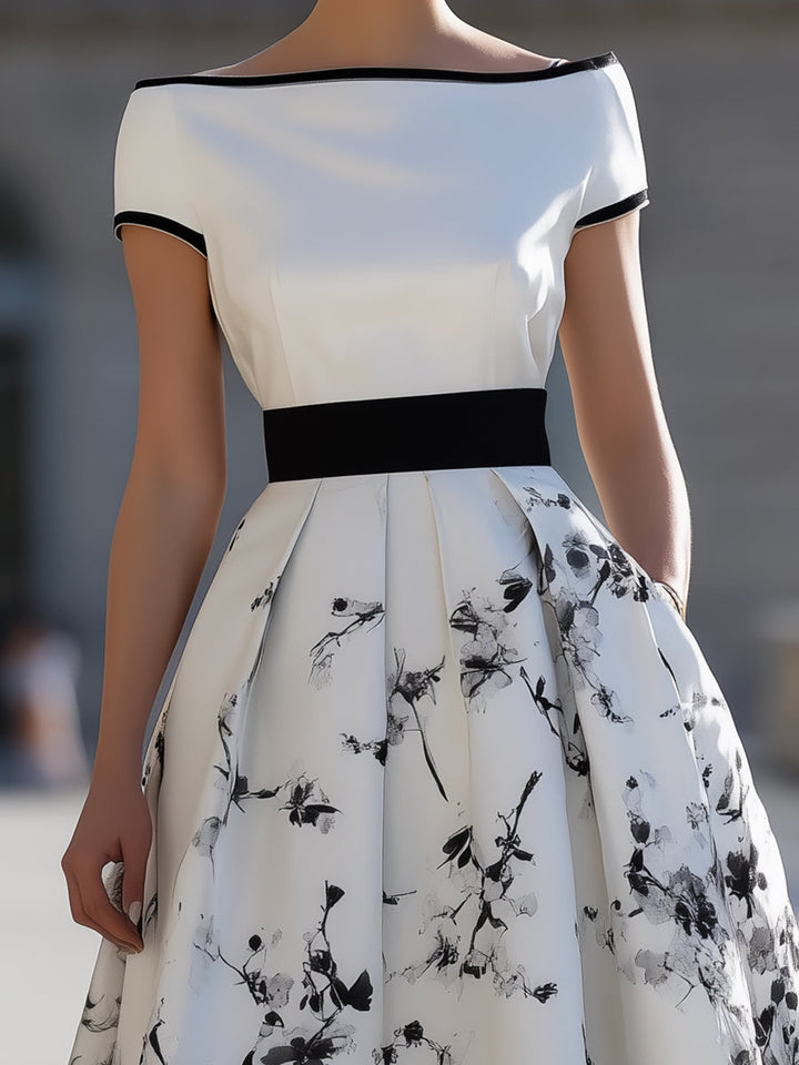 Elegant White Black Ink Floral Print Boat Neck Flared Midi Dress