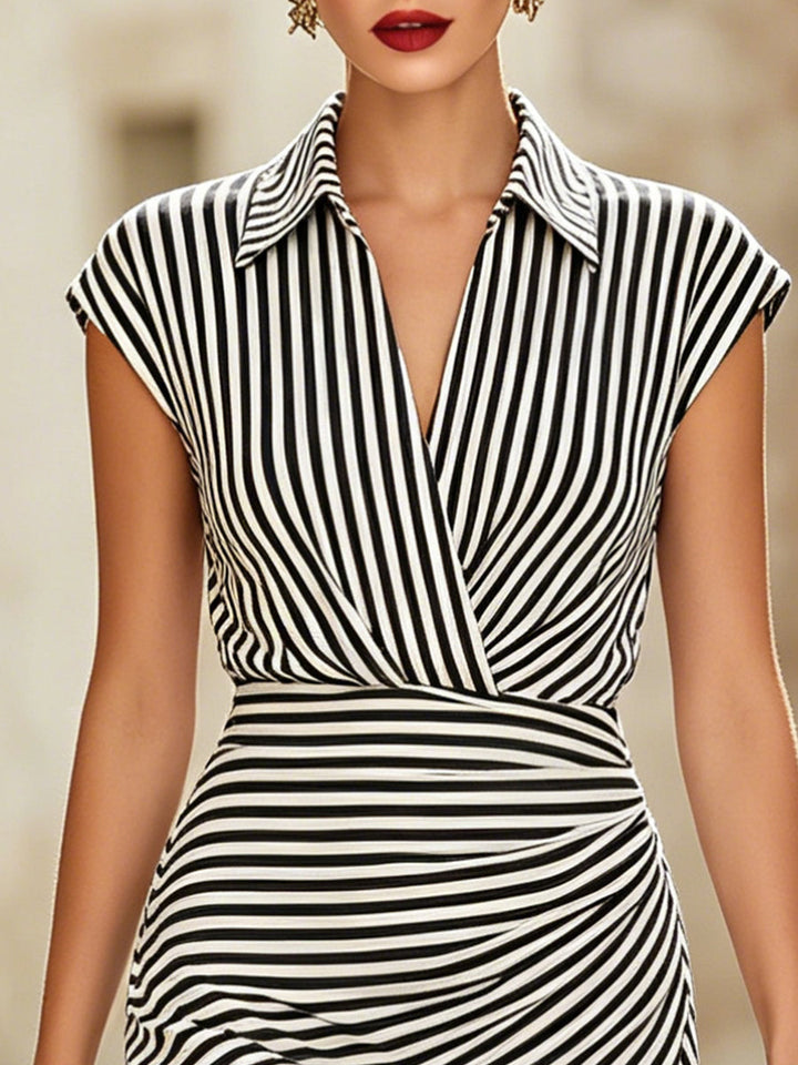 Elegant Striped Shirt Collar Wrap Bodycon Mini Dress