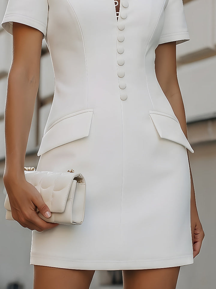 Stand Collar Button-Front Tailored Mini Dress