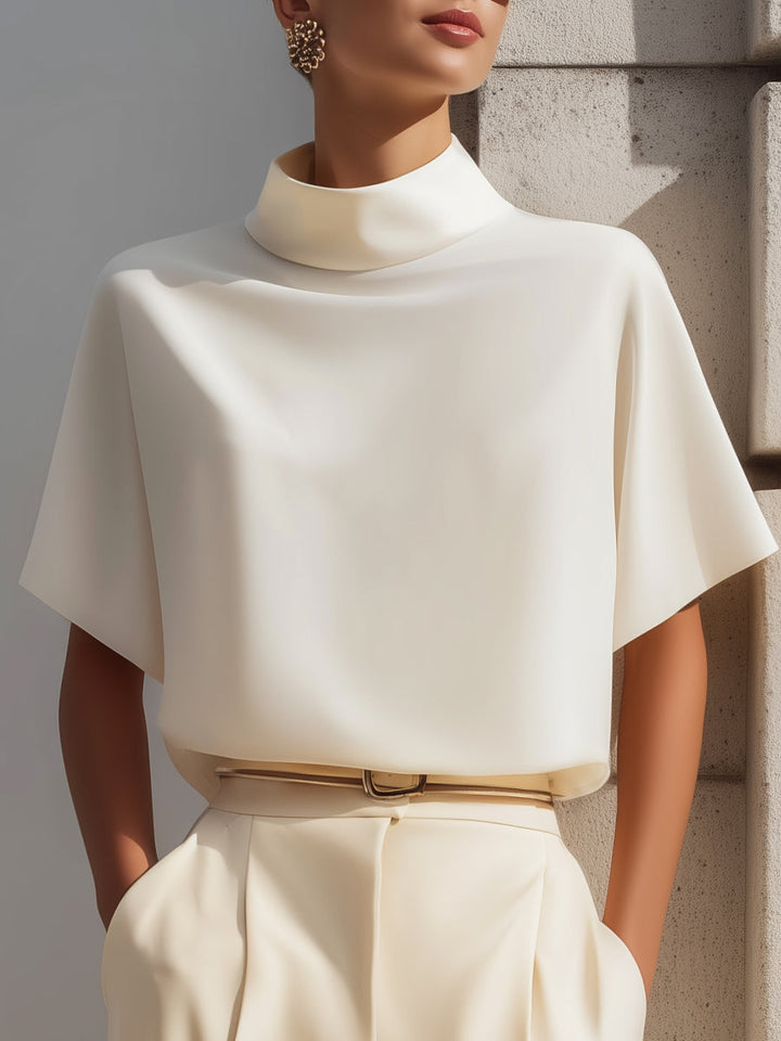 High-Neck Minimalist Draped Blouse Top