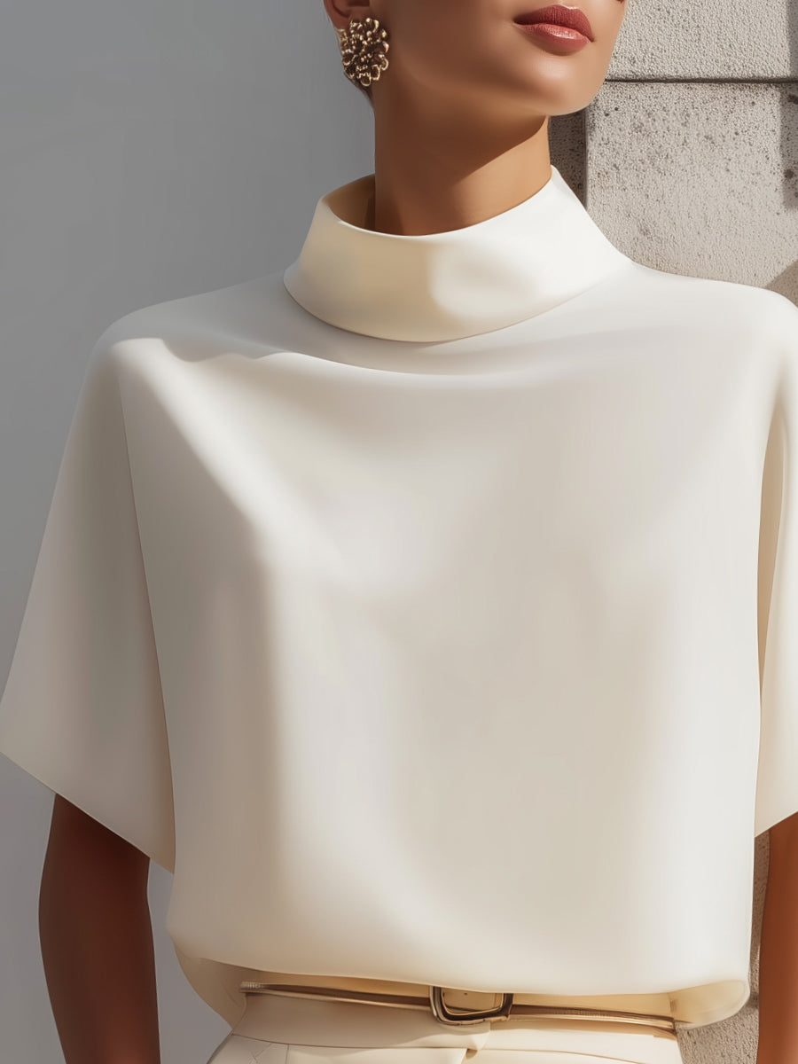 High-Neck Minimalist Draped Blouse Top