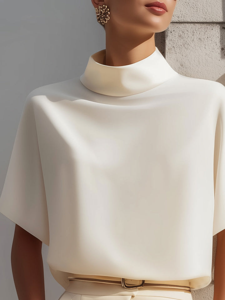 High-Neck Minimalist Draped Blouse Top
