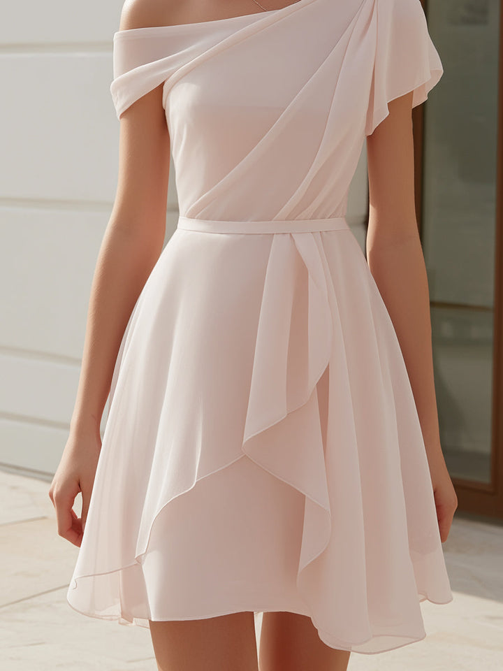One-Shoulder Draped Chiffon A-Line Mini Dress
