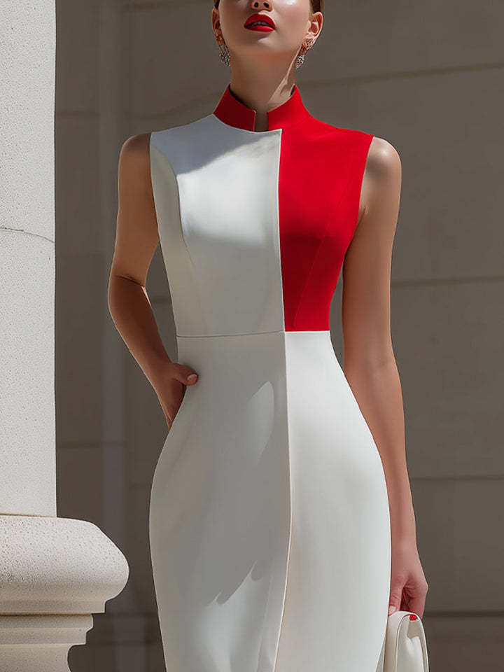 Red & White Color Block Mandarin Collar Bodycon Midi Dress With Front Slit