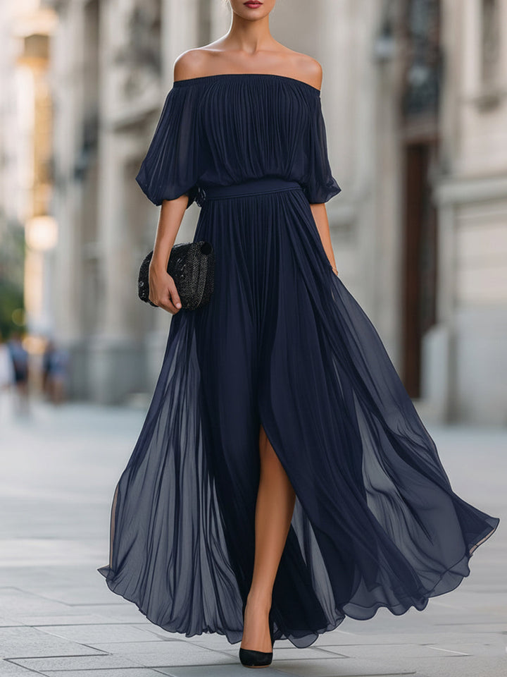 Off-Shoulder Pleated Chiffon Maxi Dress