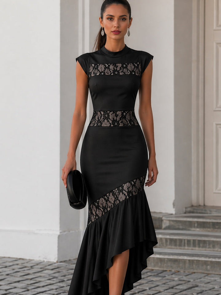 High-Neck Lace Panel Asymmetric Ruffle Maxi Dress