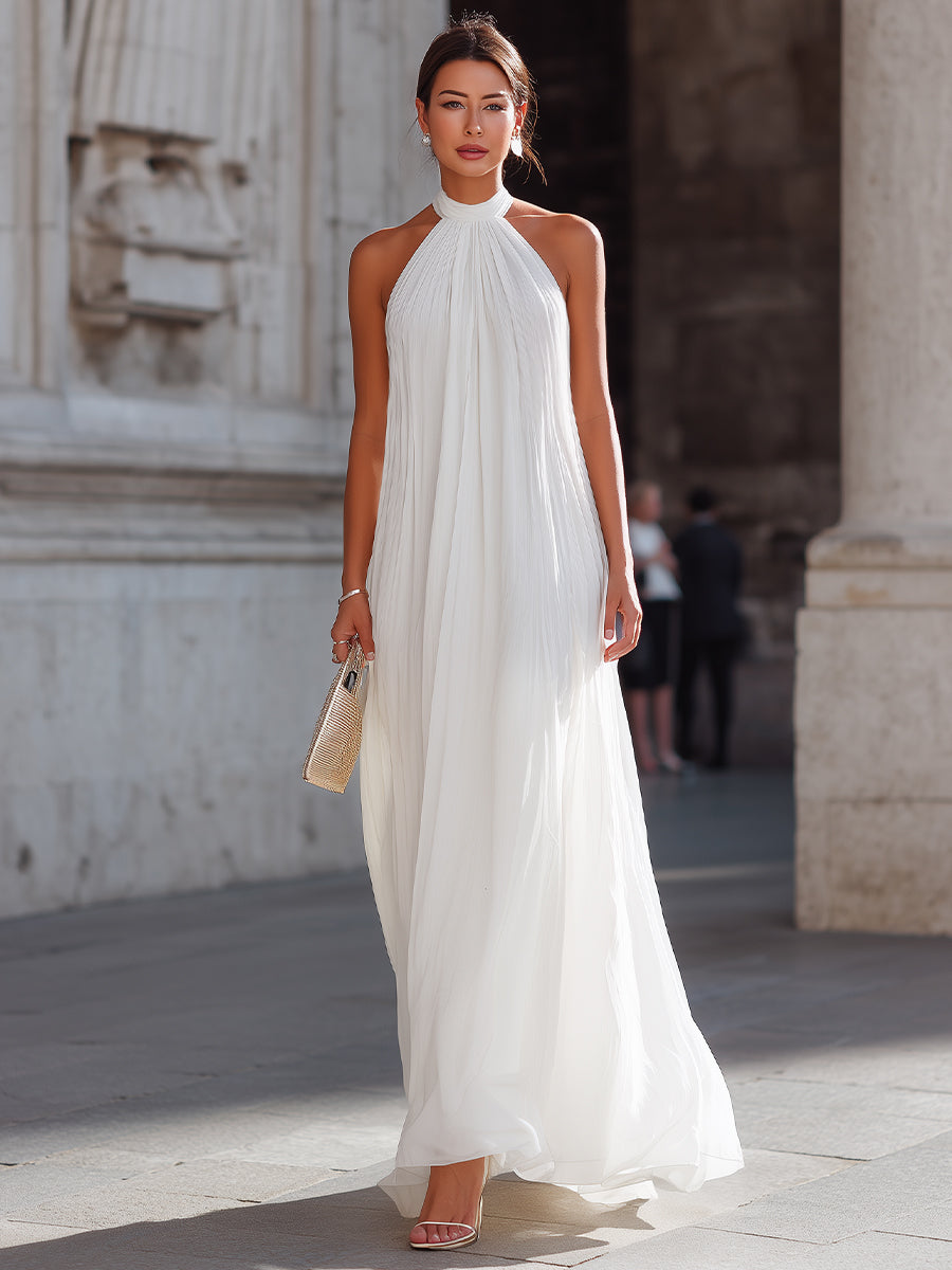 Pleated Halter Neck Flowing Maxi Dress