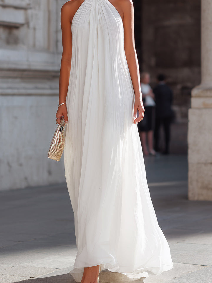 Pleated Halter Neck Flowing Maxi Dress