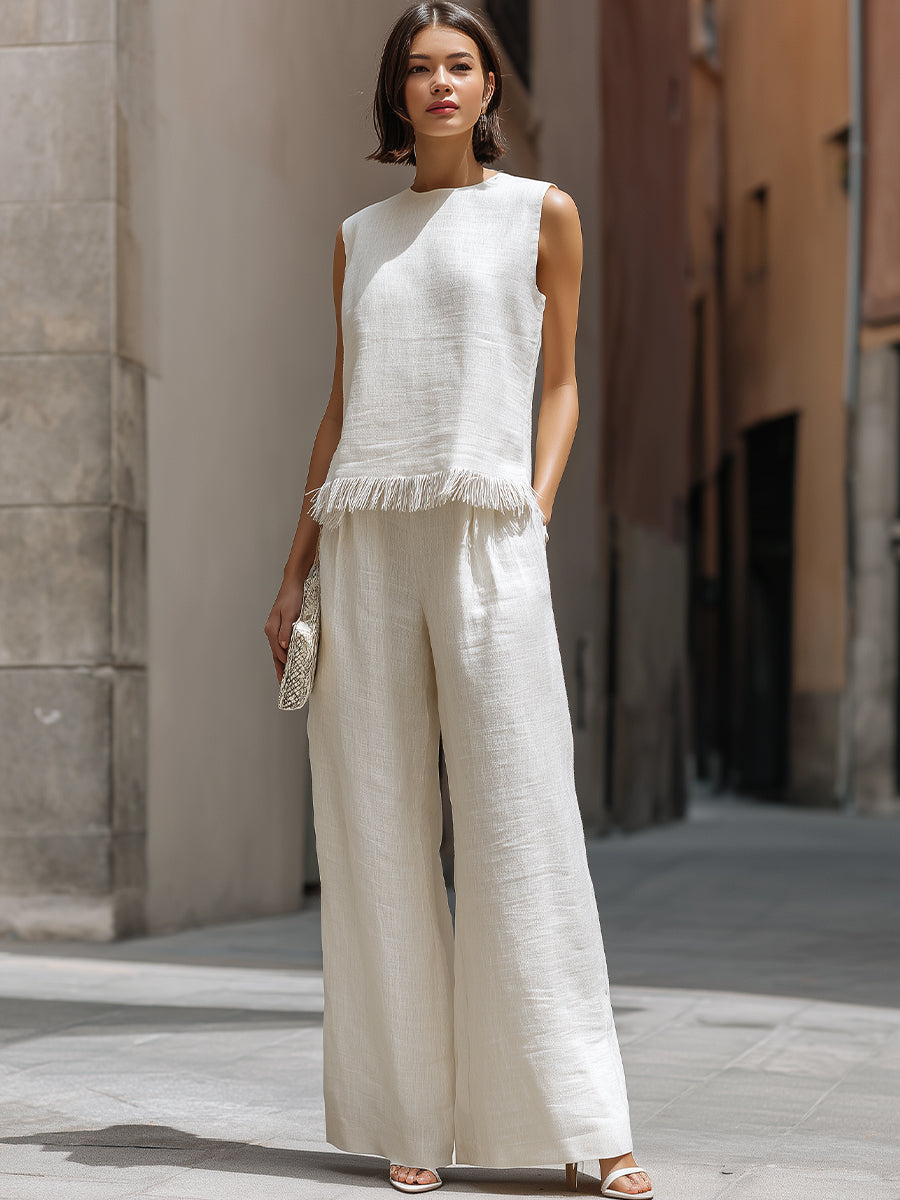 Sleeveless Textured Top And Wide-Leg Pants Set With Frayed Hem Detail