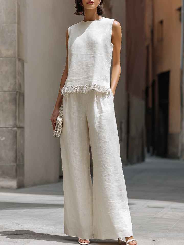 Sleeveless Textured Top And Wide-Leg Pants Set With Frayed Hem Detail