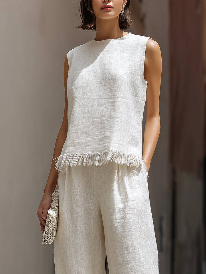 Sleeveless Textured Top And Wide-Leg Pants Set With Frayed Hem Detail