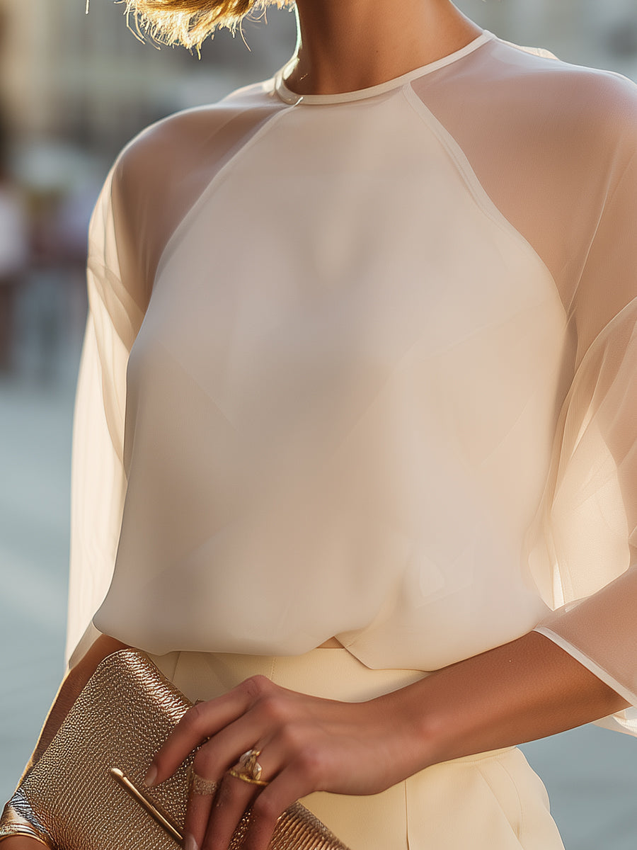 Sheer Panel Round Neck Loose Fit Blouse