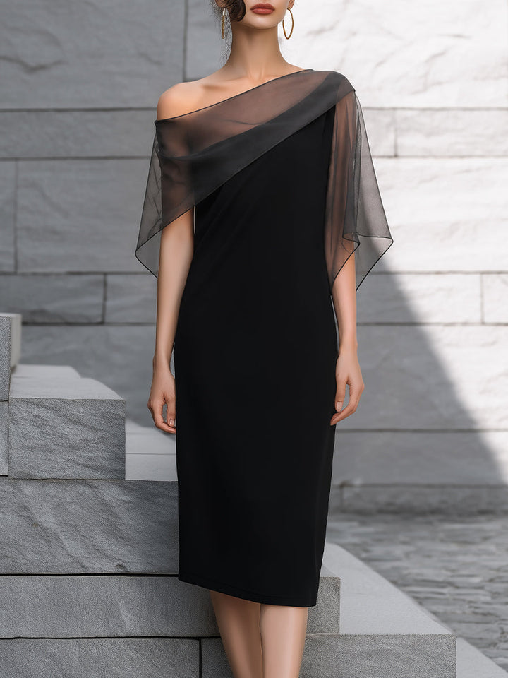 Sheer Overlay Asymmetrical One-Shoulder Midi Dress