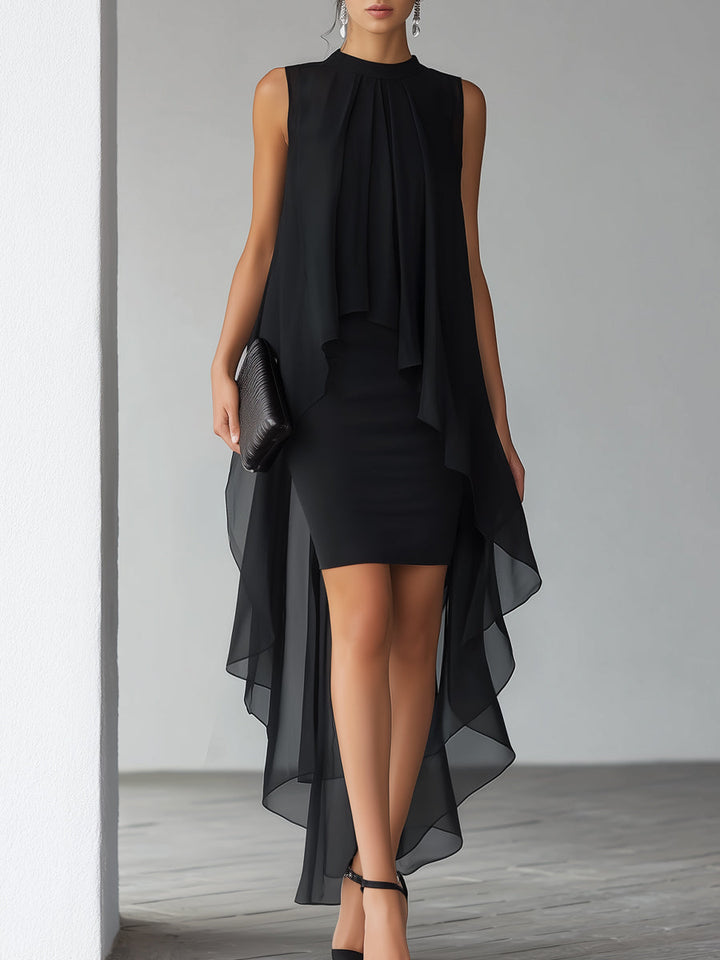Asymmetrical Layered Chiffon Overlay Cocktail Dress