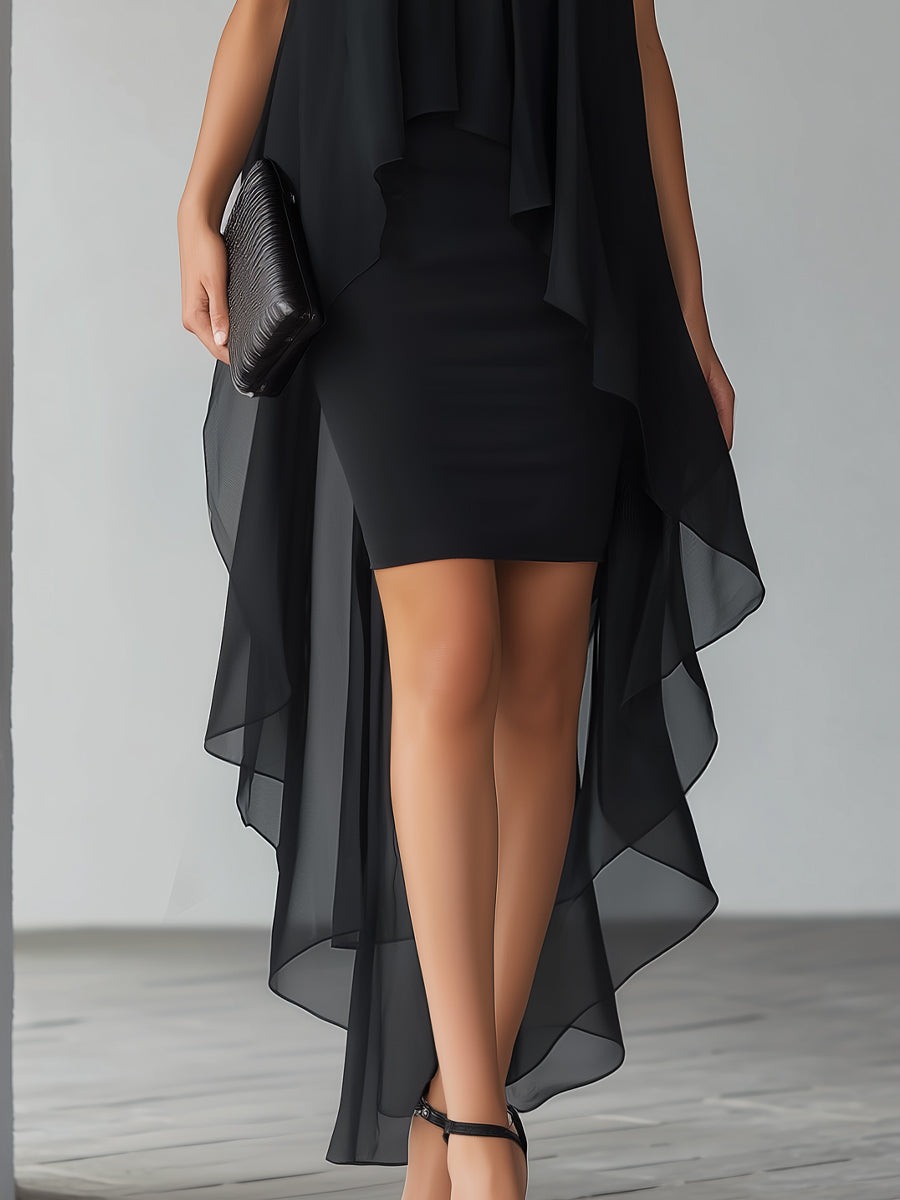 Asymmetrical Layered Chiffon Overlay Cocktail Dress