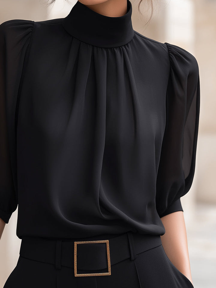 Mock Neck Chiffon Puff Sleeve Blouse