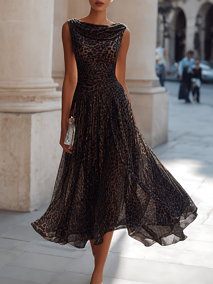 Cowl Neck Pleated Leopard-Print Maxi Dress