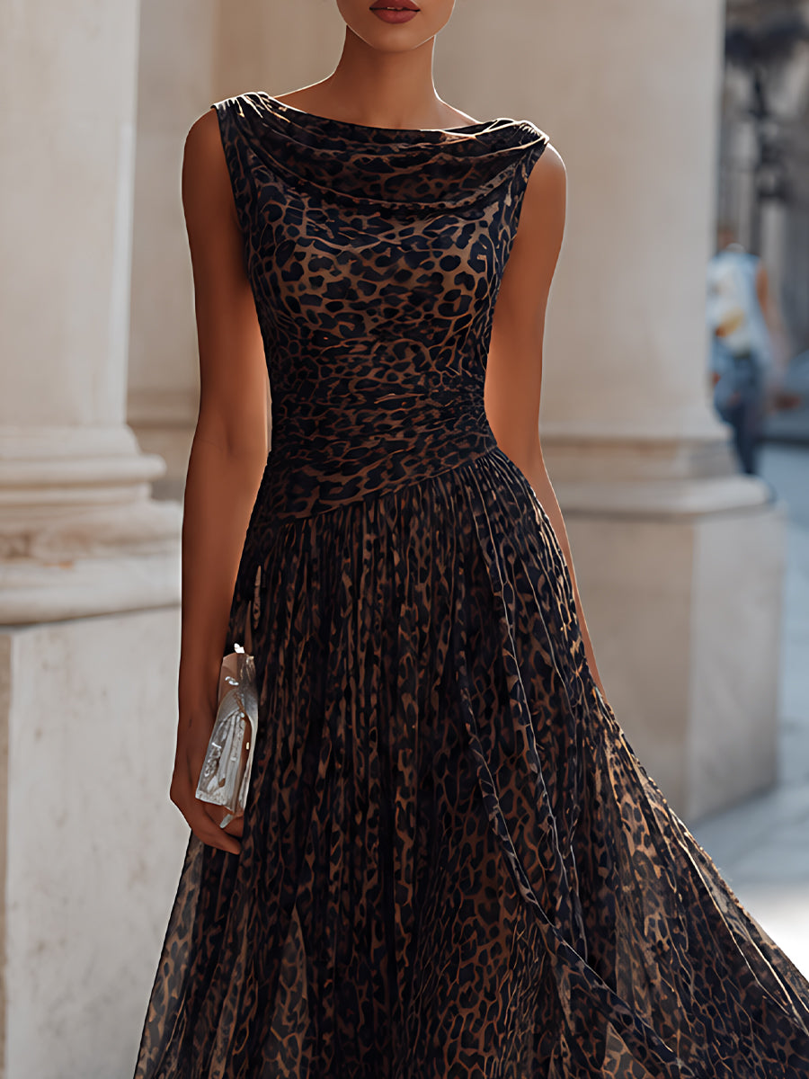 Cowl Neck Pleated Leopard-Print Maxi Dress