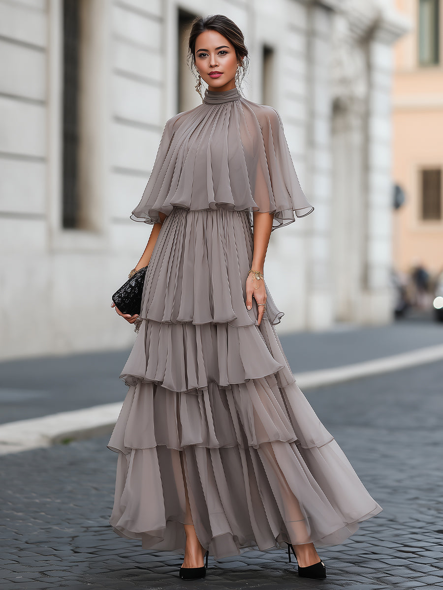 Tiered Pleated Cape Maxi Dress