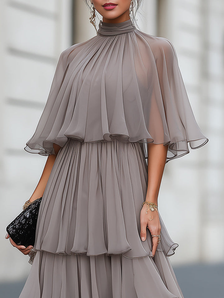Tiered Pleated Cape Maxi Dress