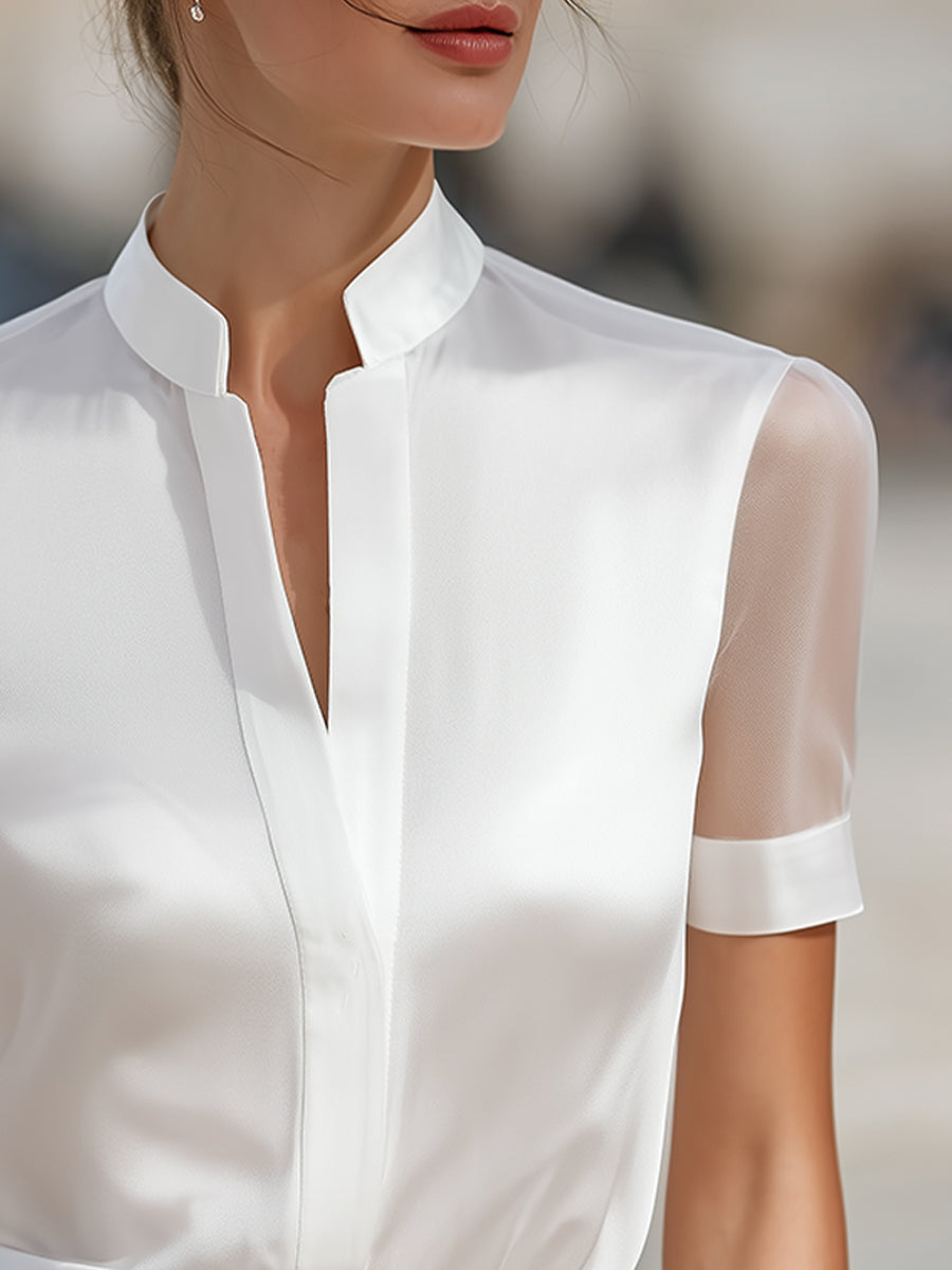 Stand Collar Sheer Short-Sleeve Satin Blouse