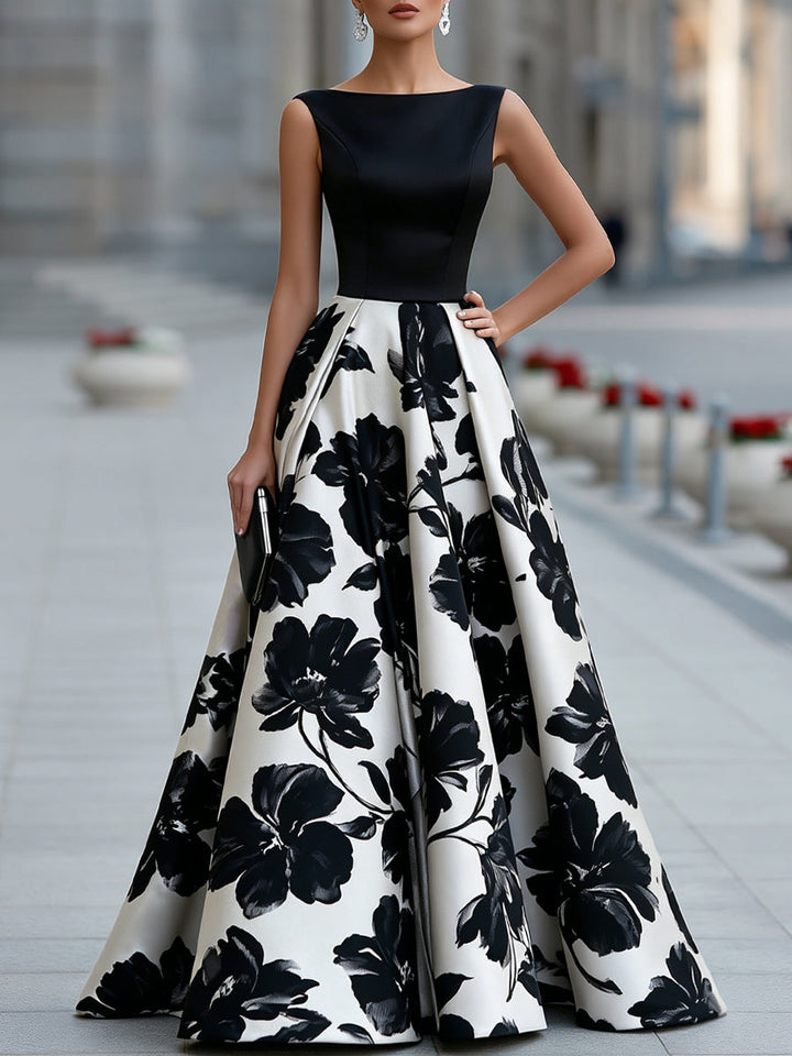 Sleeveless Boat Neck Floral Full Skirt Maxi Dress