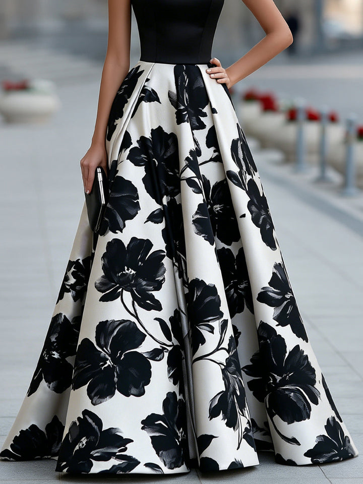Sleeveless Boat Neck Floral Full Skirt Maxi Dress