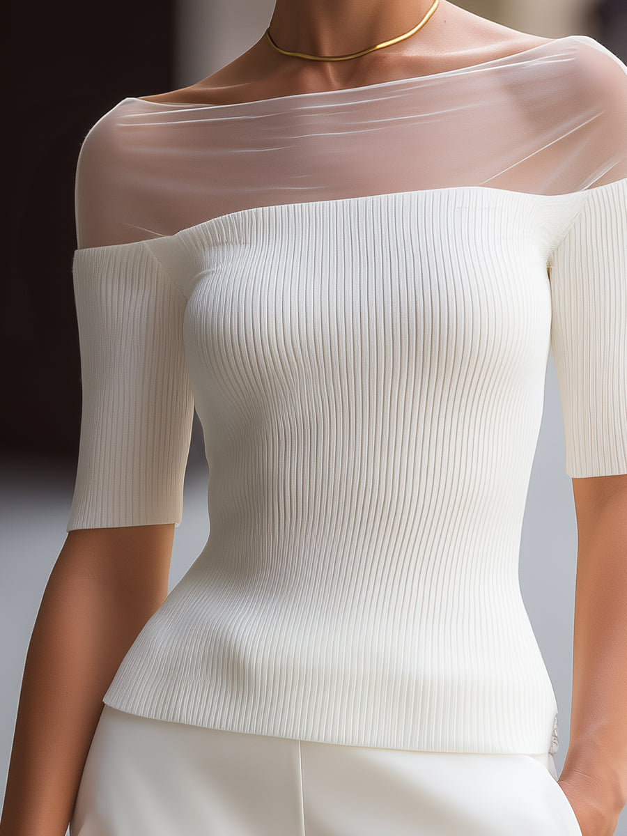 Illusion Boat-Neck Ribbed Knit Top