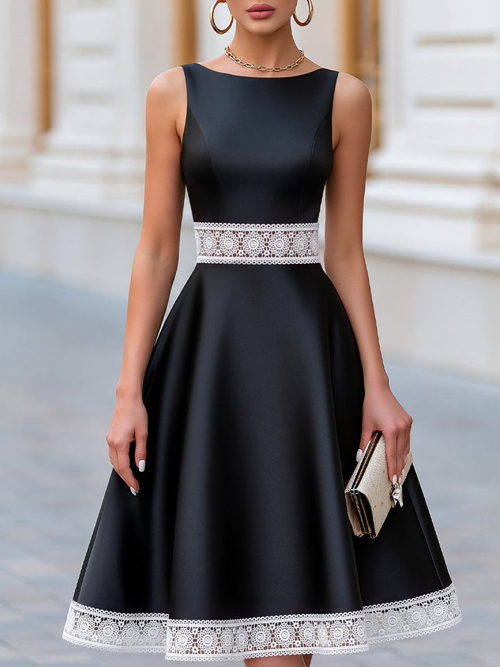 Elegant Lace Trim Fit-and-Flare Satin Midi Dress