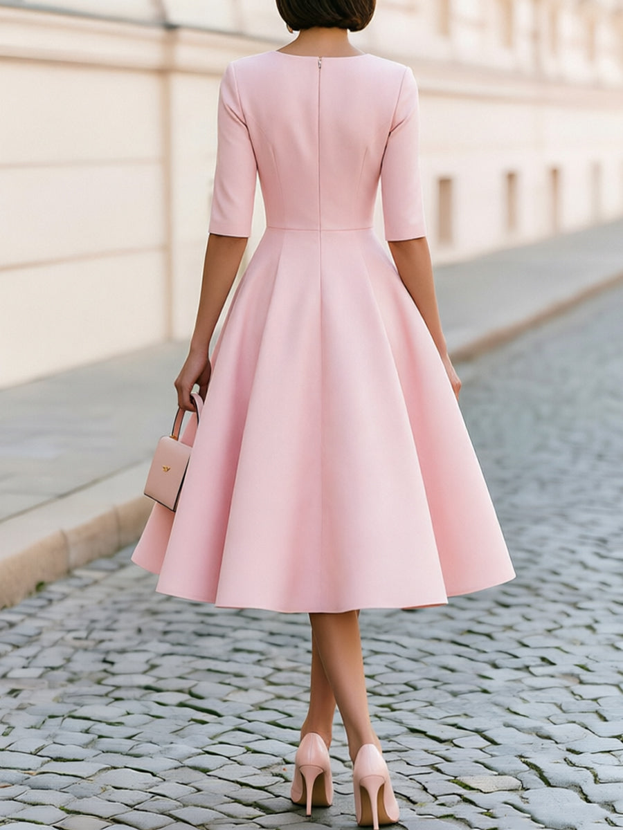 Round Neck 3/4 Sleeve Fit & Flare Midi Dress