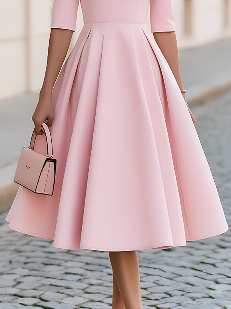 Round Neck 3/4 Sleeve Fit & Flare Midi Dress