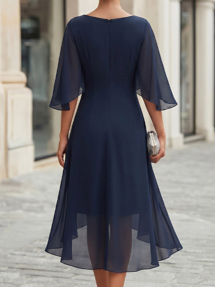 Cowl Drape Neck Ruched High Low Midi Dress
