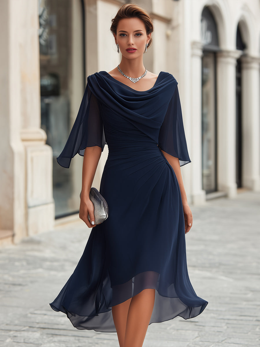 Cowl Drape Neck Ruched High Low Midi Dress