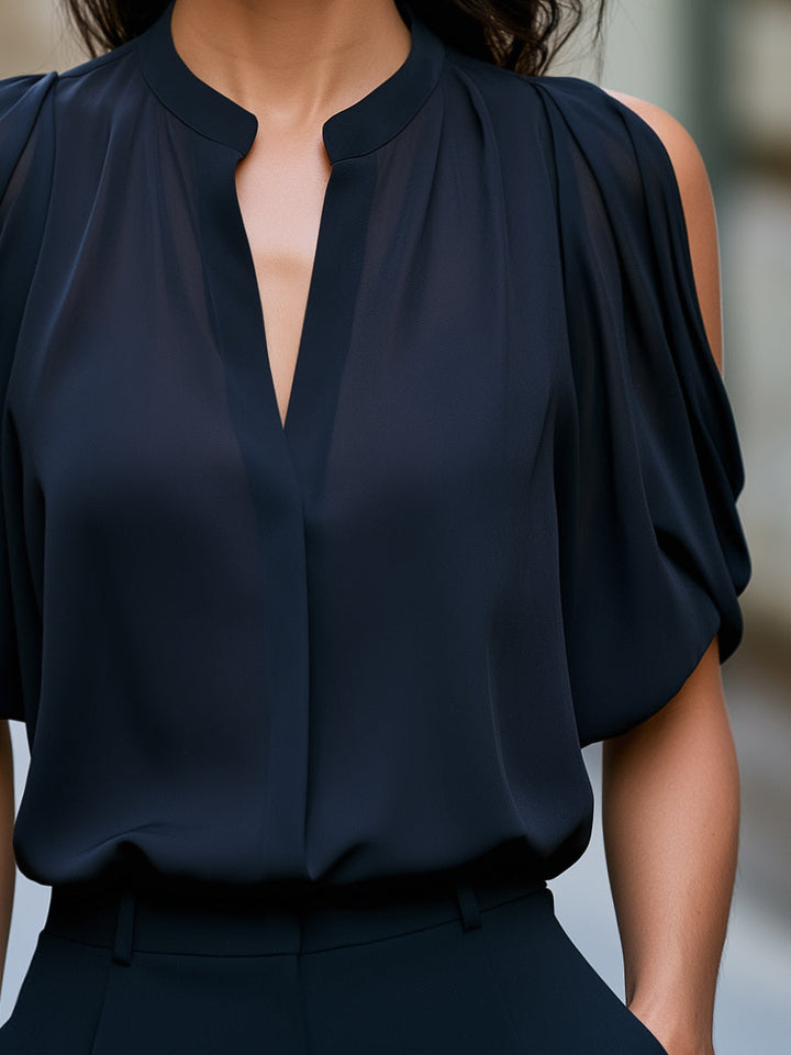 V-Neck Split Draped Short Sleeve Blouse