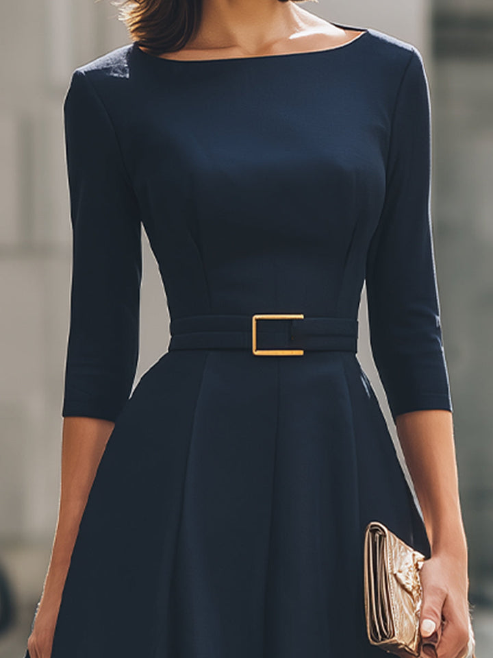 Belted Boat Neck A-Line Midi Dress