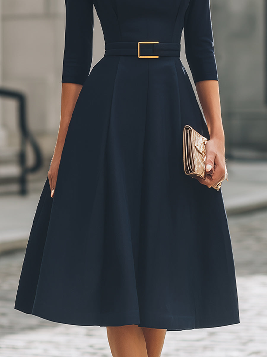 Belted Boat Neck A-Line Midi Dress