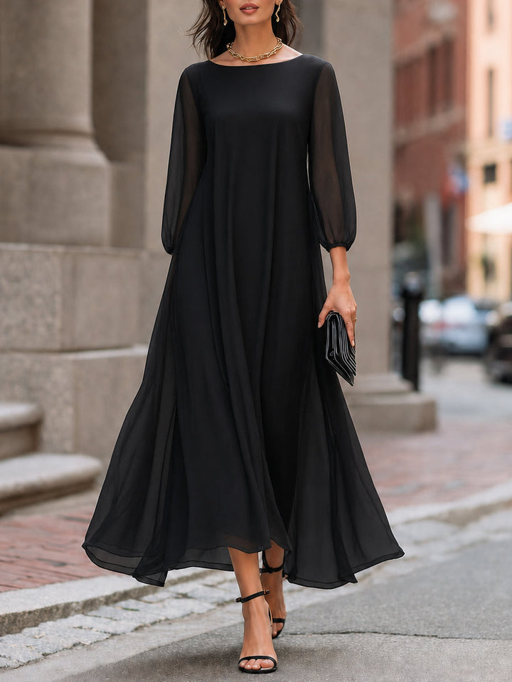 Sheer Sleeve Flowing A-Line Maxi Dress