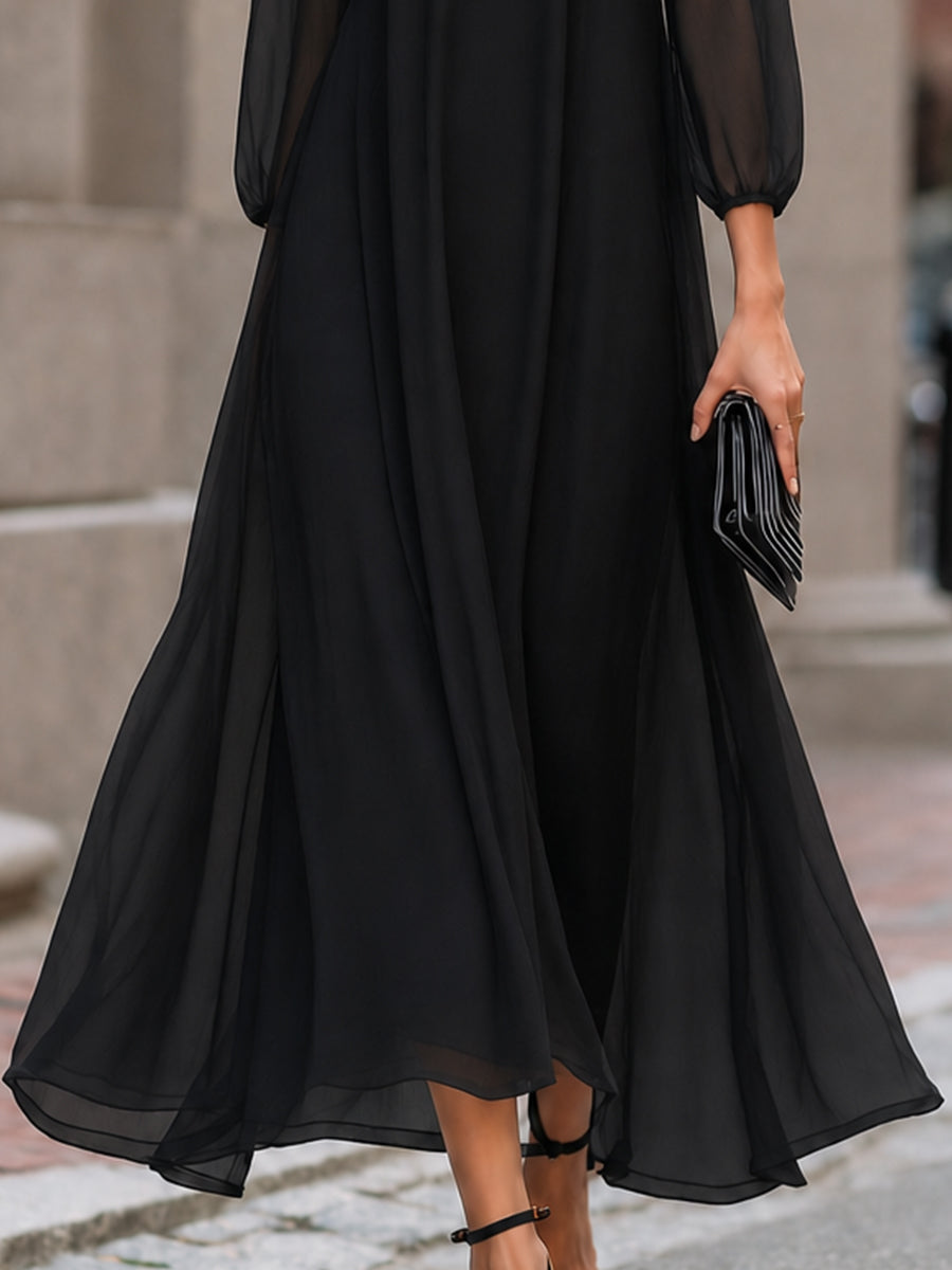 Sheer Sleeve Flowing A-Line Maxi Dress
