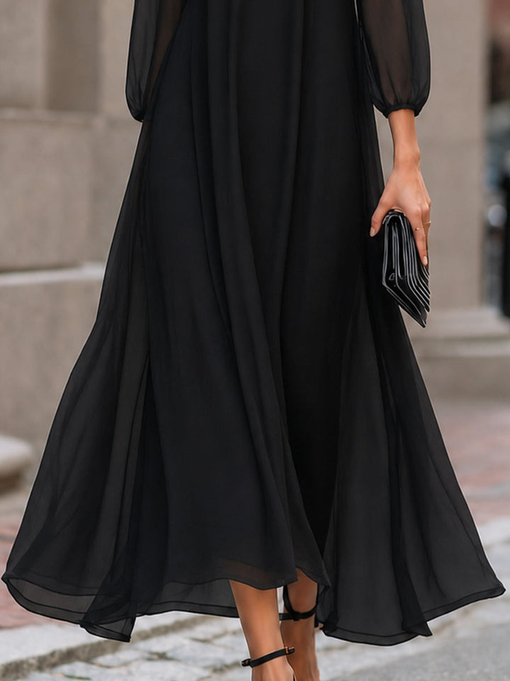 Sheer Sleeve Flowing A-Line Maxi Dress