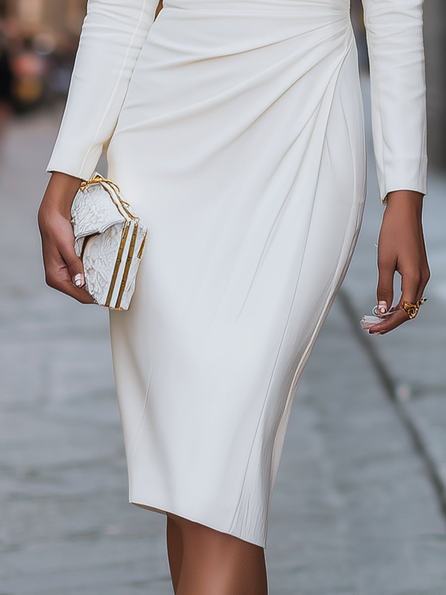 Ruched Wrap-Front Long Sleeve Midi Dress