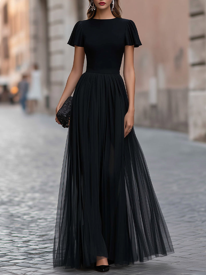 Flutter Sleeve Pleated A-Line Maxi Dress