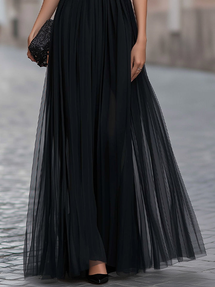 Flutter Sleeve Pleated A-Line Maxi Dress