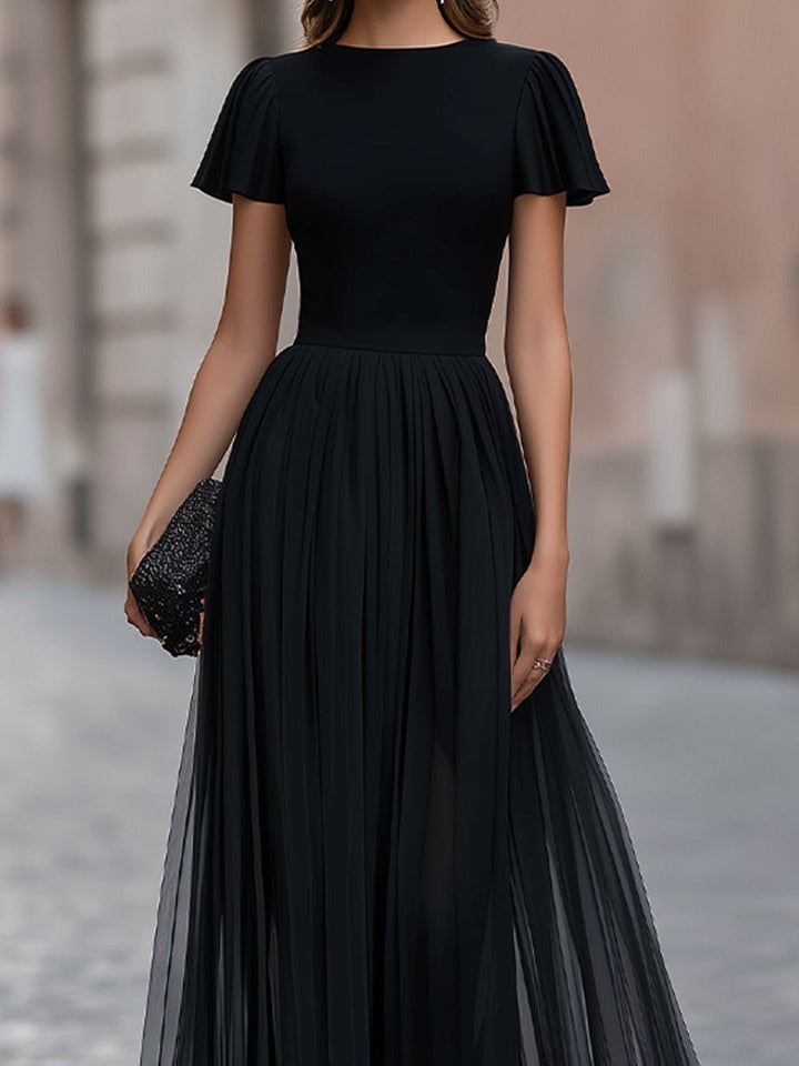 Flutter Sleeve Pleated A-Line Maxi Dress