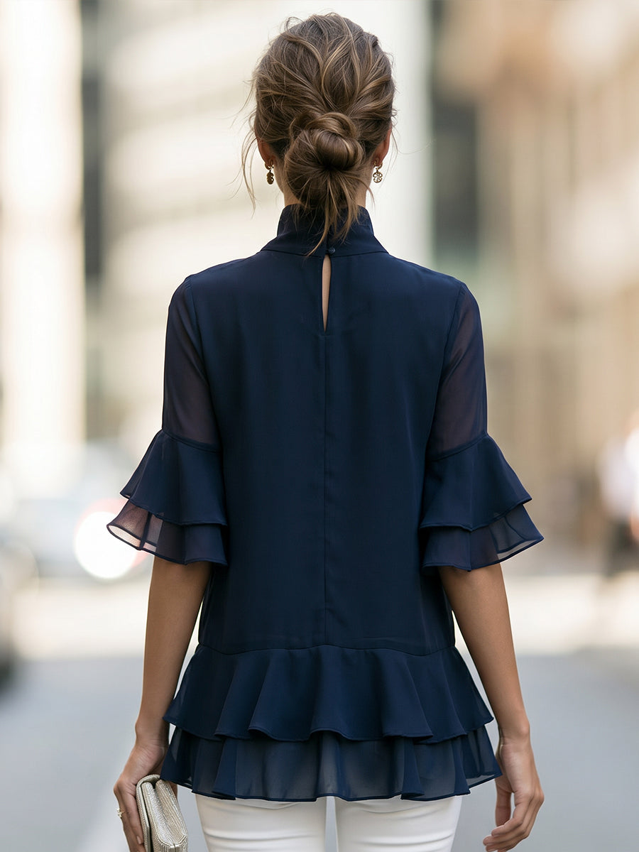 Sheer Sleeve Tiered Ruffle High Neck Blouse