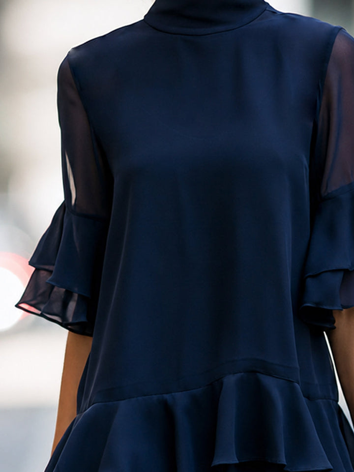 Sheer Sleeve Tiered Ruffle High Neck Blouse