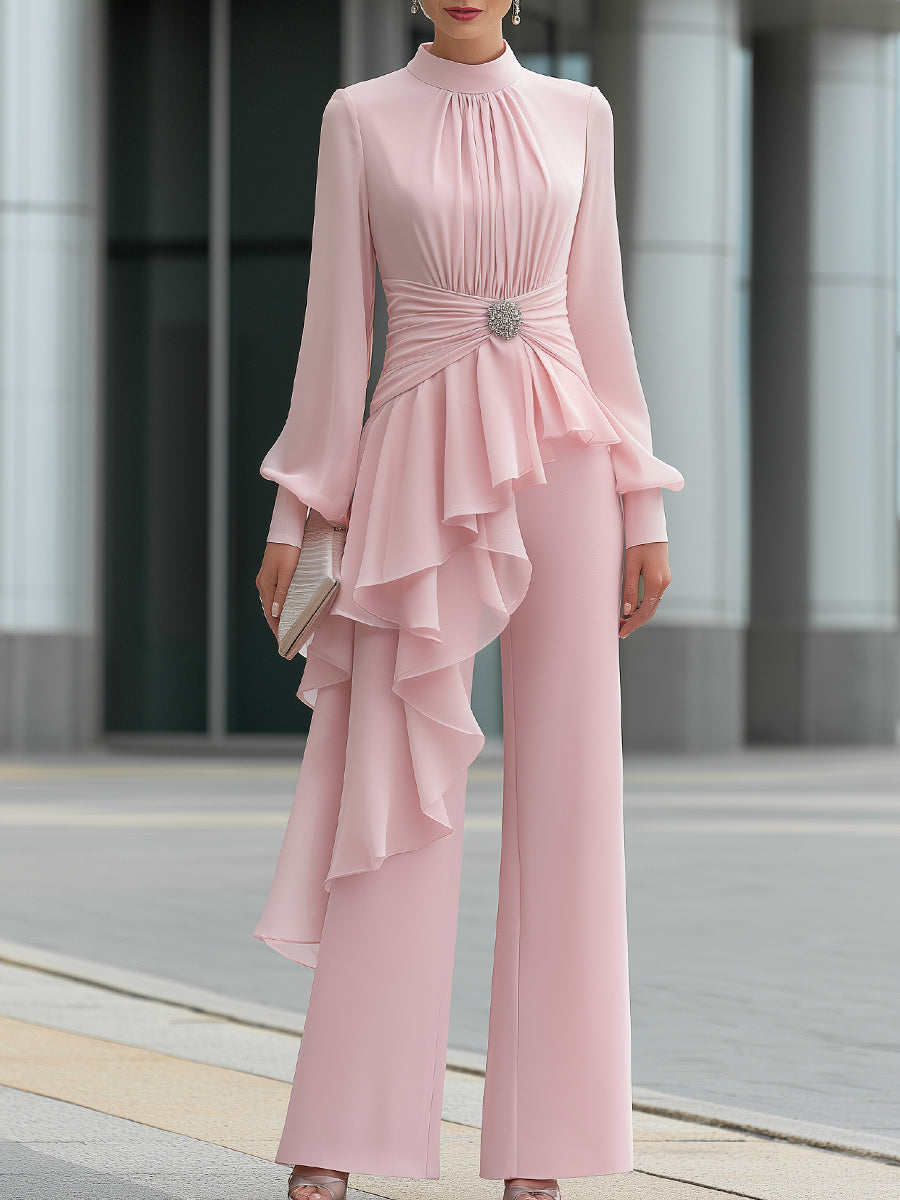 Elegant Draped Ruffle Top Wide-Leg Pants Set