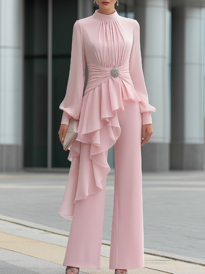 Elegant Draped Ruffle Top Wide-Leg Pants Set
